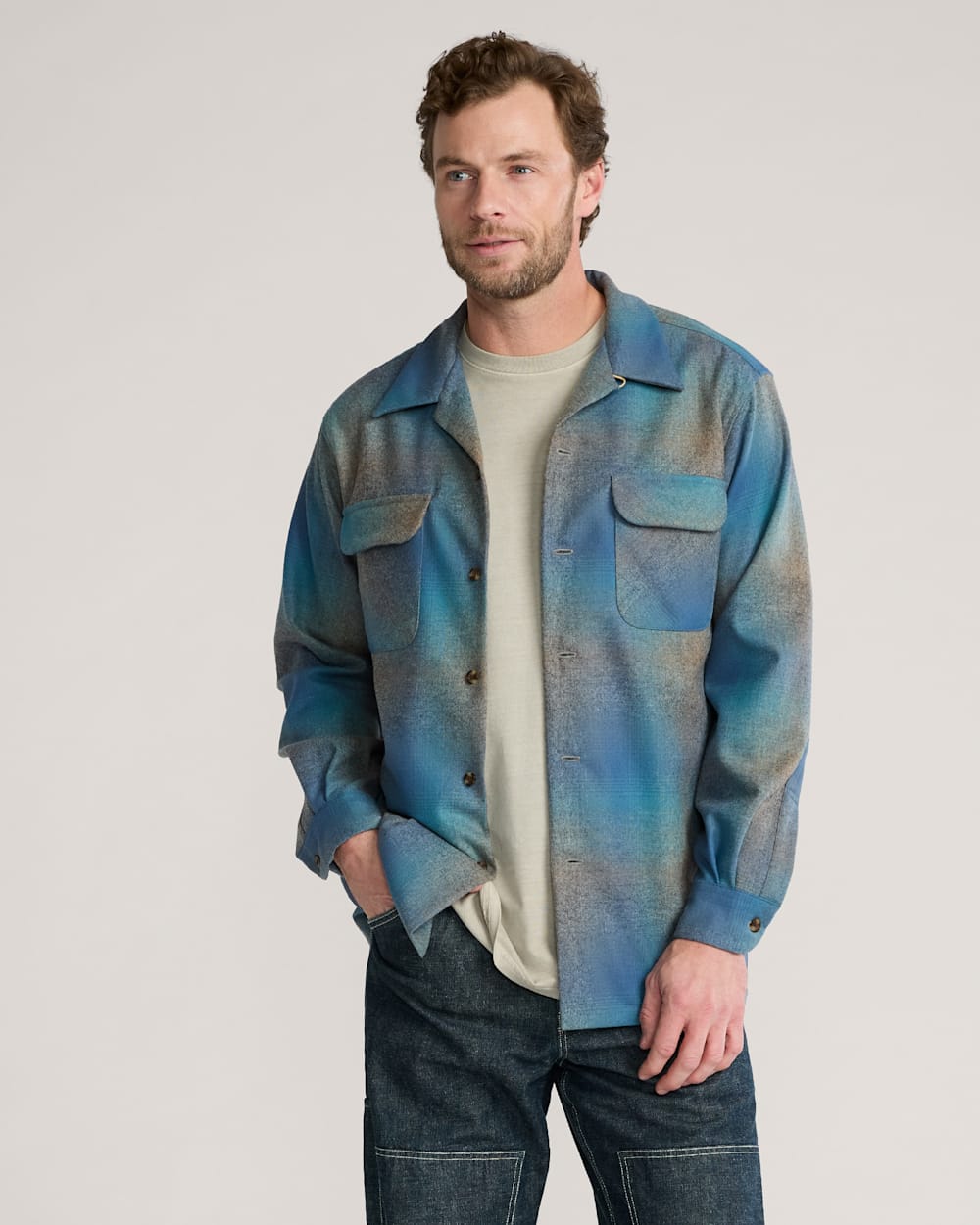 MEN'S PLAID BOARD SHIRT IN BLUE MULTI/TAUPE MIX OMBRE image number 1