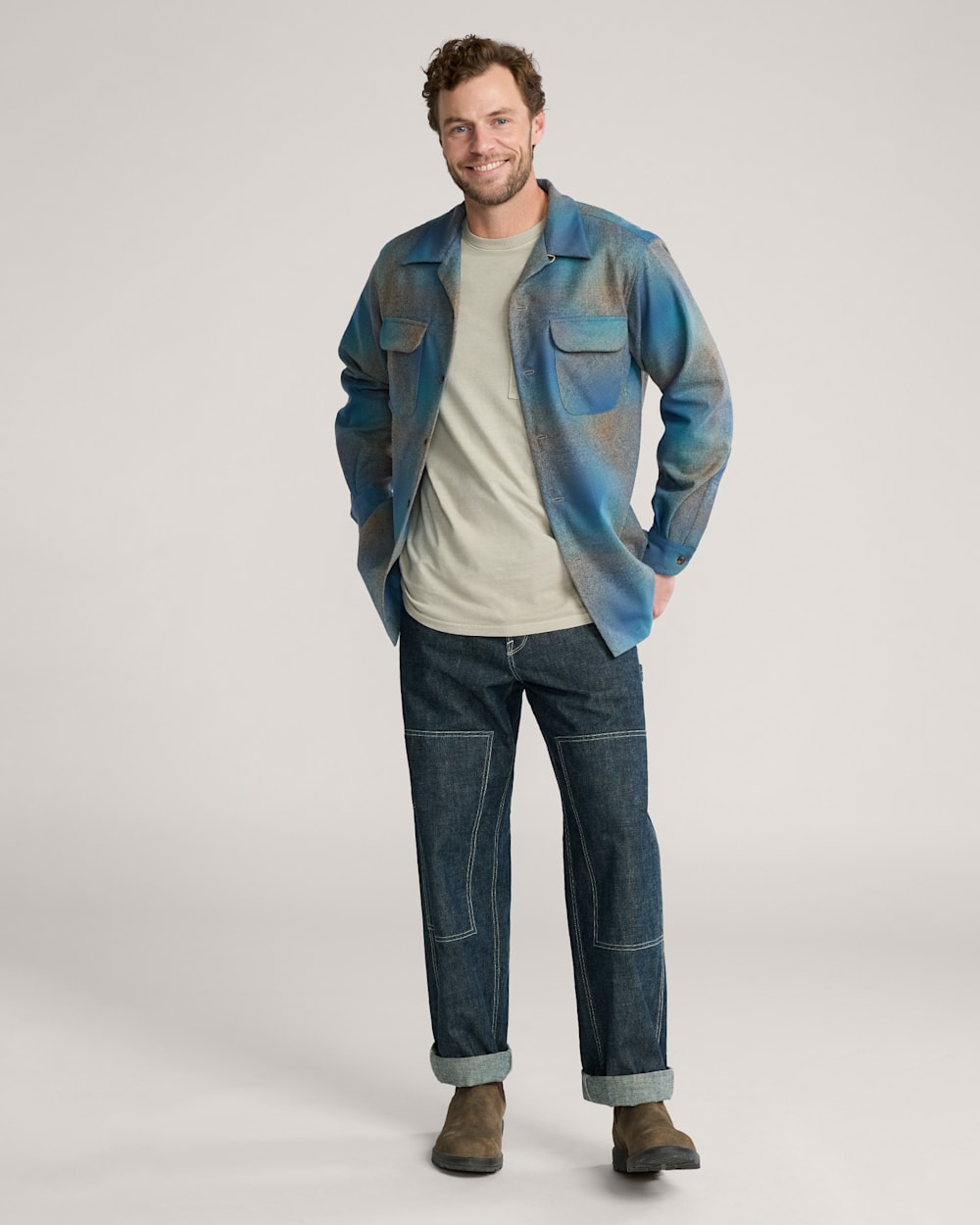 ALTERNATE VIEW OF MEN'S PLAID BOARD SHIRT IN BLUE MULTI/TAUPE MIX OMBRE image number 5