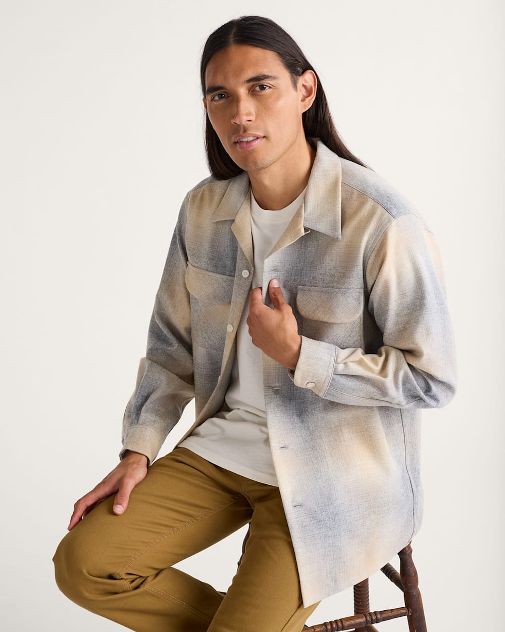 MEN'S PLAID BOARD SHIRT IN TAN/GREY MIX OMBRE image number 1