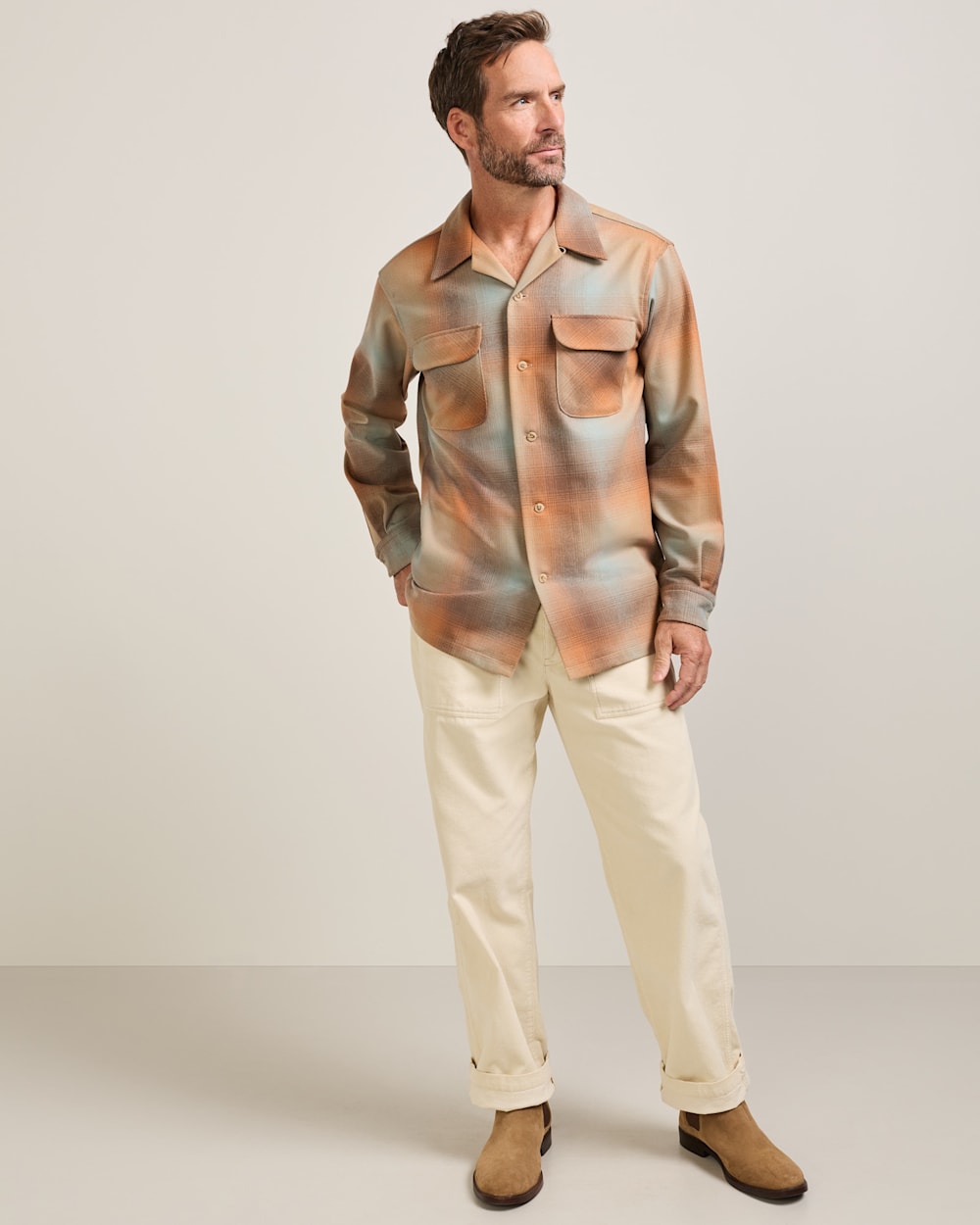 MEN'S PLAID BOARD SHIRT IN TAN/ORANGE OMBRE image number 2