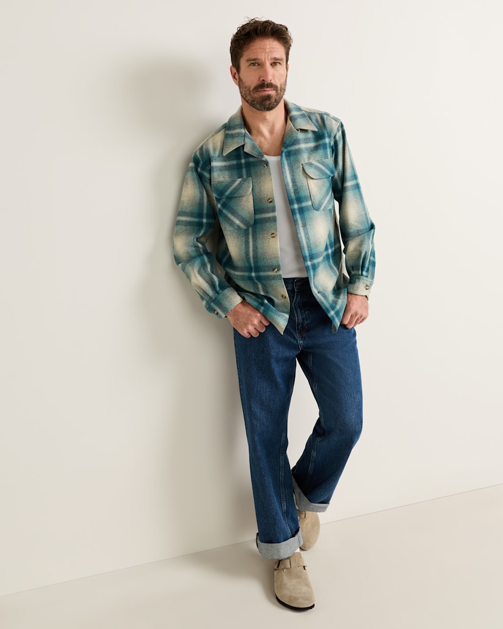 ALTERNATE VIEW OF MEN'S PLAID BOARD SHIRT IN IVORY/TEAL OMBRE image number 5
