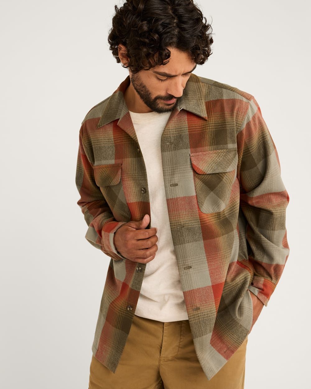 MEN'S PLAID BOARD SHIRT IN TAN/RED PLAID image number 1