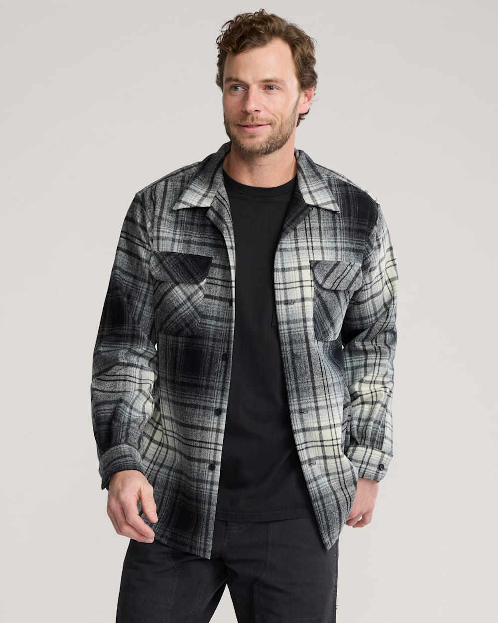 MEN'S PLAID BOARD SHIRT IN BLACK/WHITE OMBRE image number 1