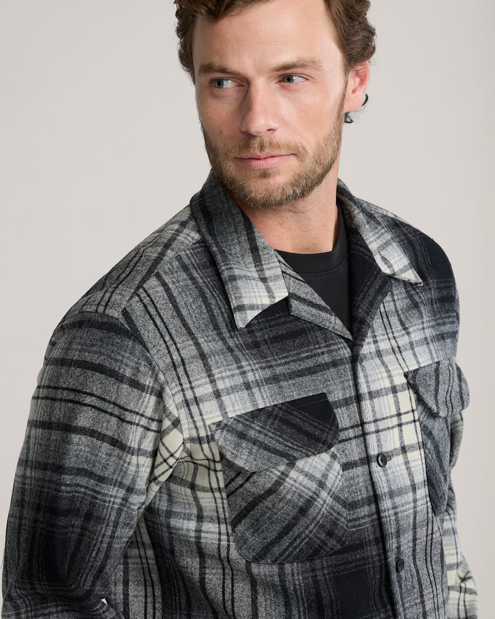 ALTERNATE VIEW OF MEN'S PLAID BOARD SHIRT IN BLACK/WHITE OMBRE image number 5