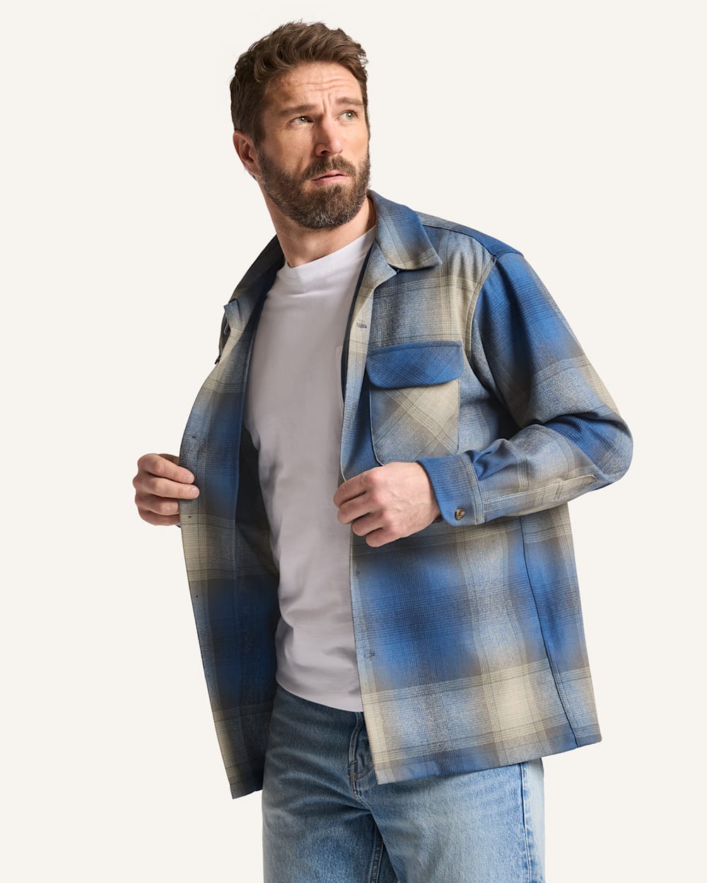 MEN'S PLAID BOARD SHIRT IN BLUE/TAN OMBRE image number 1