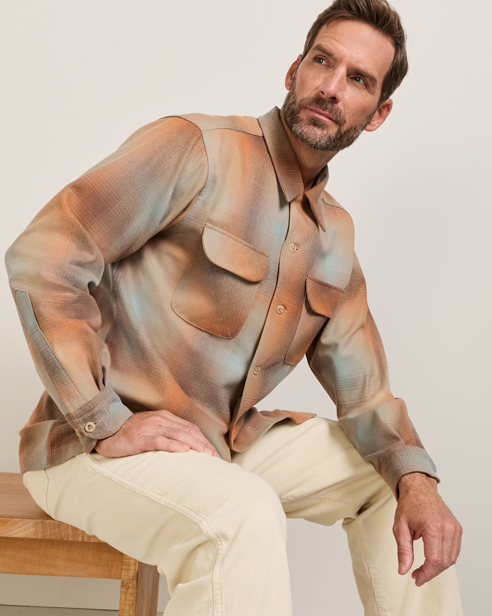 ALTERNATE VIEW OF MEN'S PLAID BOARD SHIRT IN TAN/ORANGE OMBRE image number 6