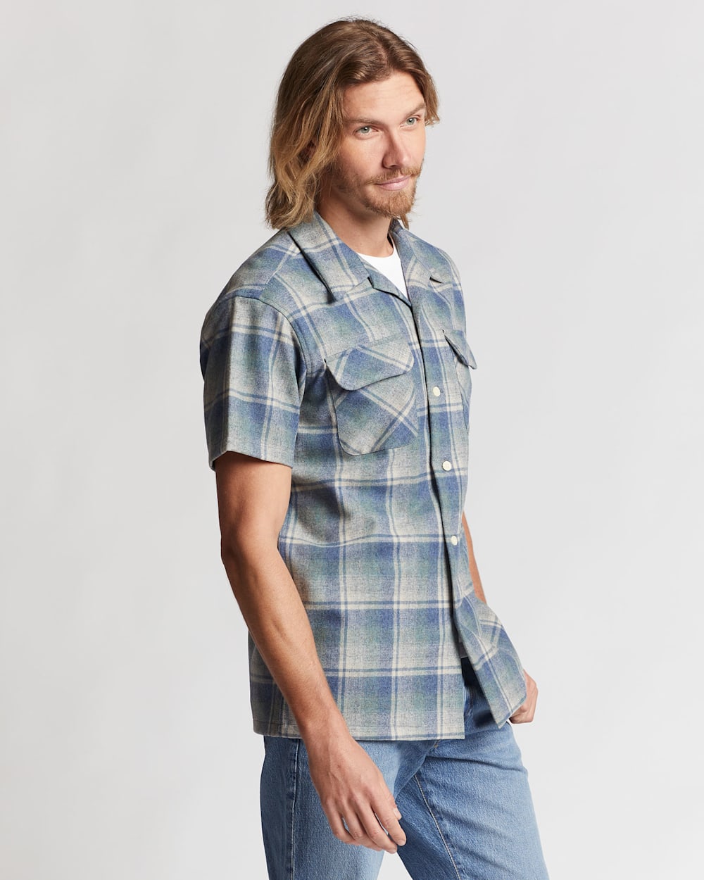 ALTERNATE VIEW OF MEN'S PLAID SHORT-SLEEVE BOARD SHIRT IN BLUE MIX PLAID image number 2