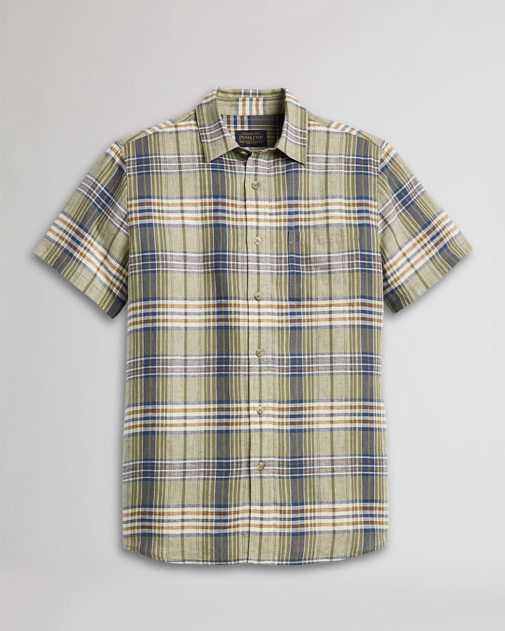 MEN'S SHORT-SLEEVE LINEN SHIRT IN DUSKY GREEN/DARK DENIM PLAID image number 1