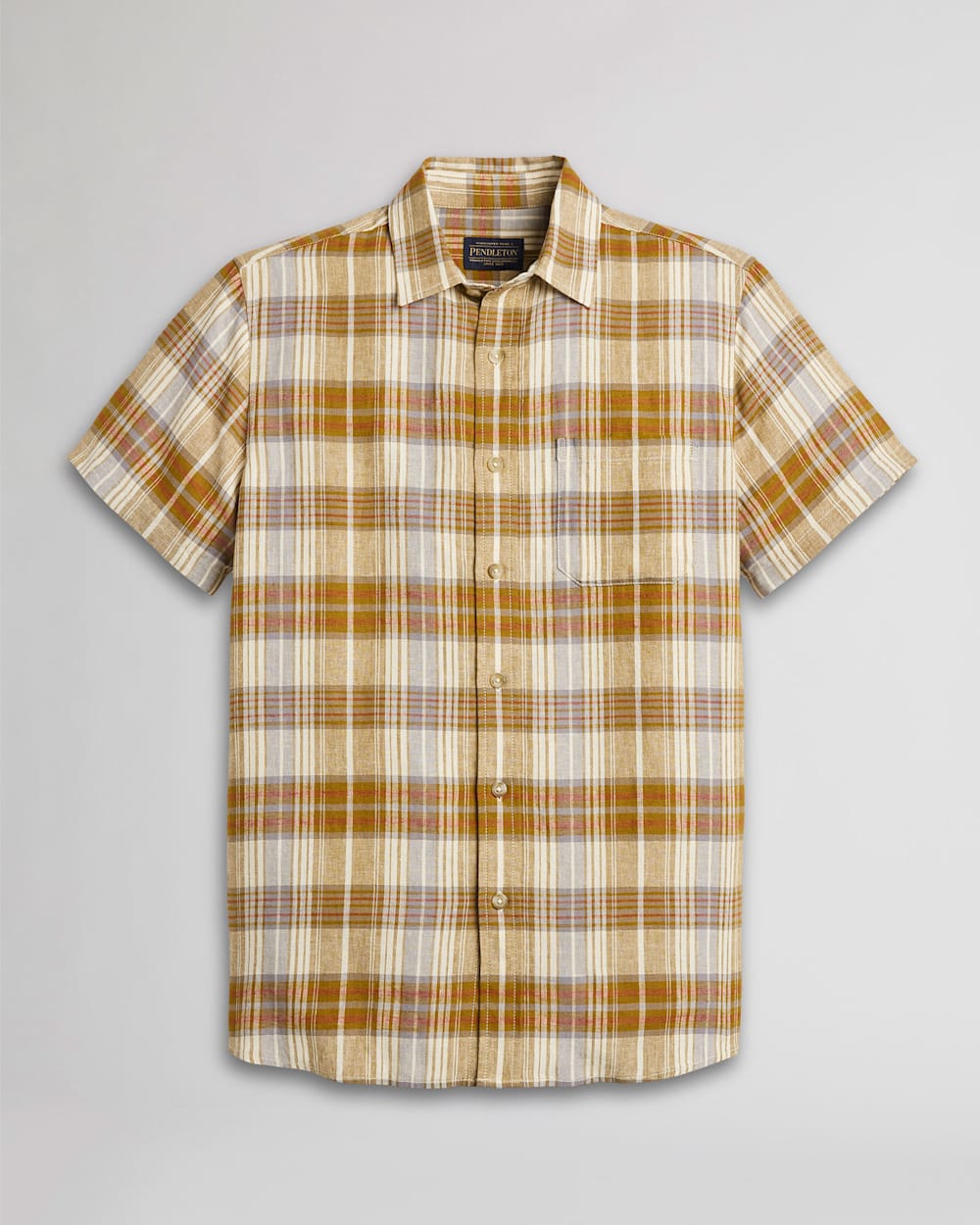 MEN'S SHORT-SLEEVE LINEN SHIRT IN TAN PLAID image number 1