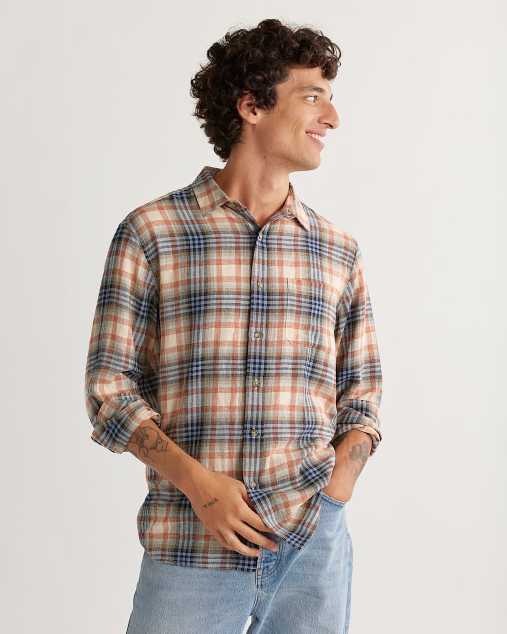 ALTERNATE VIEW OF MEN'S LONG-SLEEVE DAWSON LINEN SHIRT IN RUST/GRAPHITE/STONE PLAID image number 1