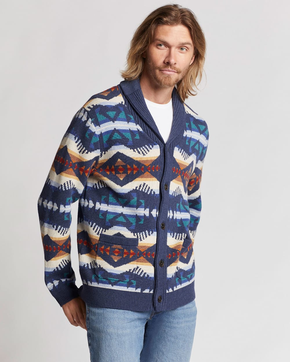 MEN'S LOS LUNAS COTTON CARDIGAN IN NAVY HEATHER MULTI image number 1