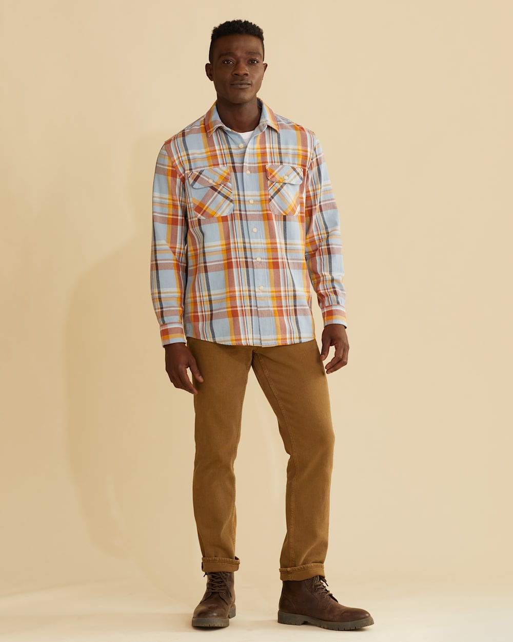 MEN'S PLAID BEACH SHACK COTTON SHIRT IN LIGHT BLUE/RUST/GOLD PLAID image number 1