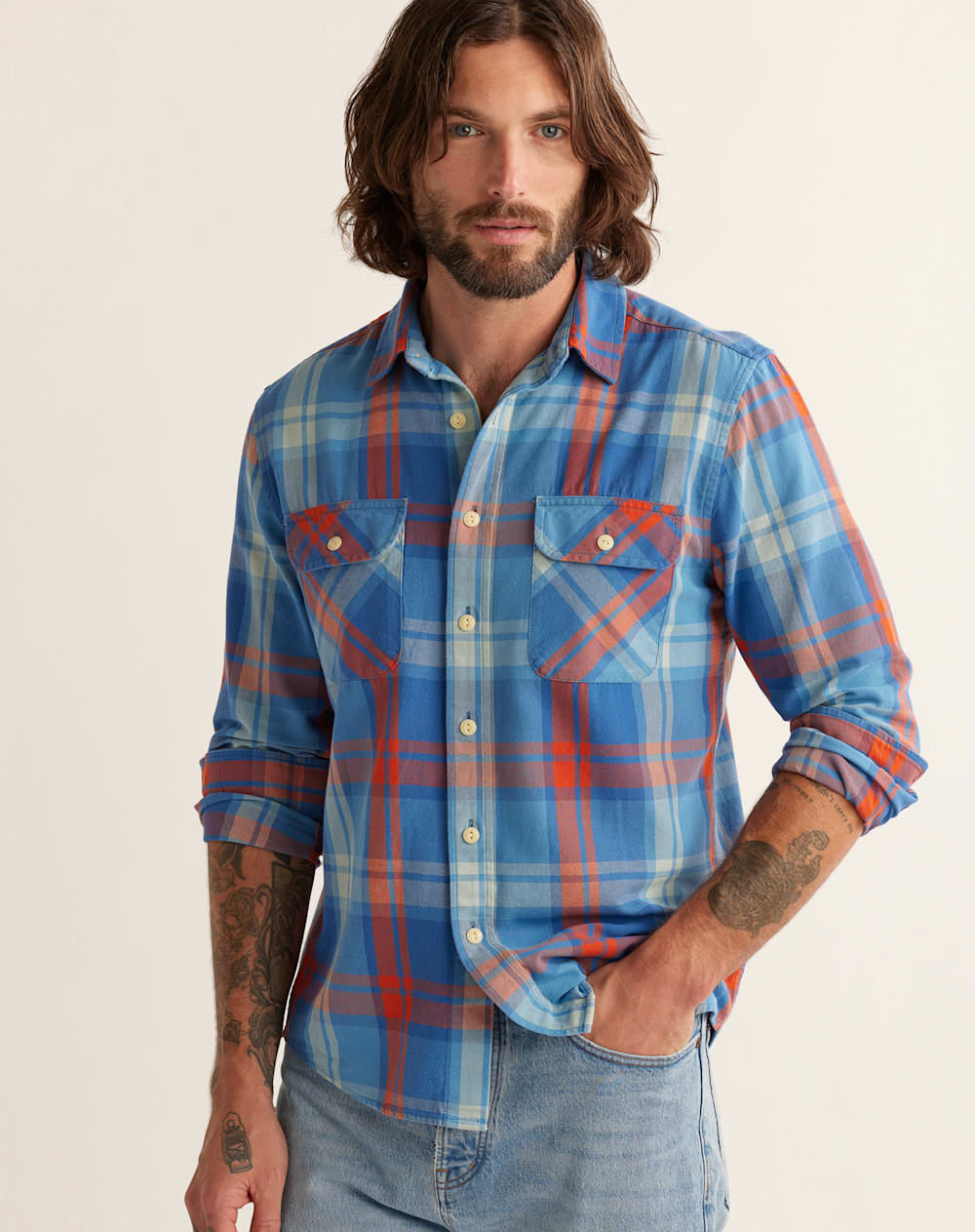 MEN'S PLAID BEACH SHACK COTTON SHIRT IN FADED INDIGO/FIRE RED PLAID image number 1