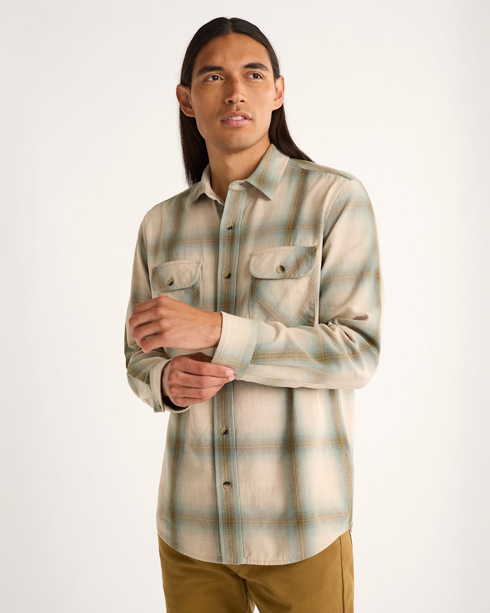 MEN'S PLAID BEACH SHACK COTTON SHIRT IN TAN/SAGE OMBRE image number 1