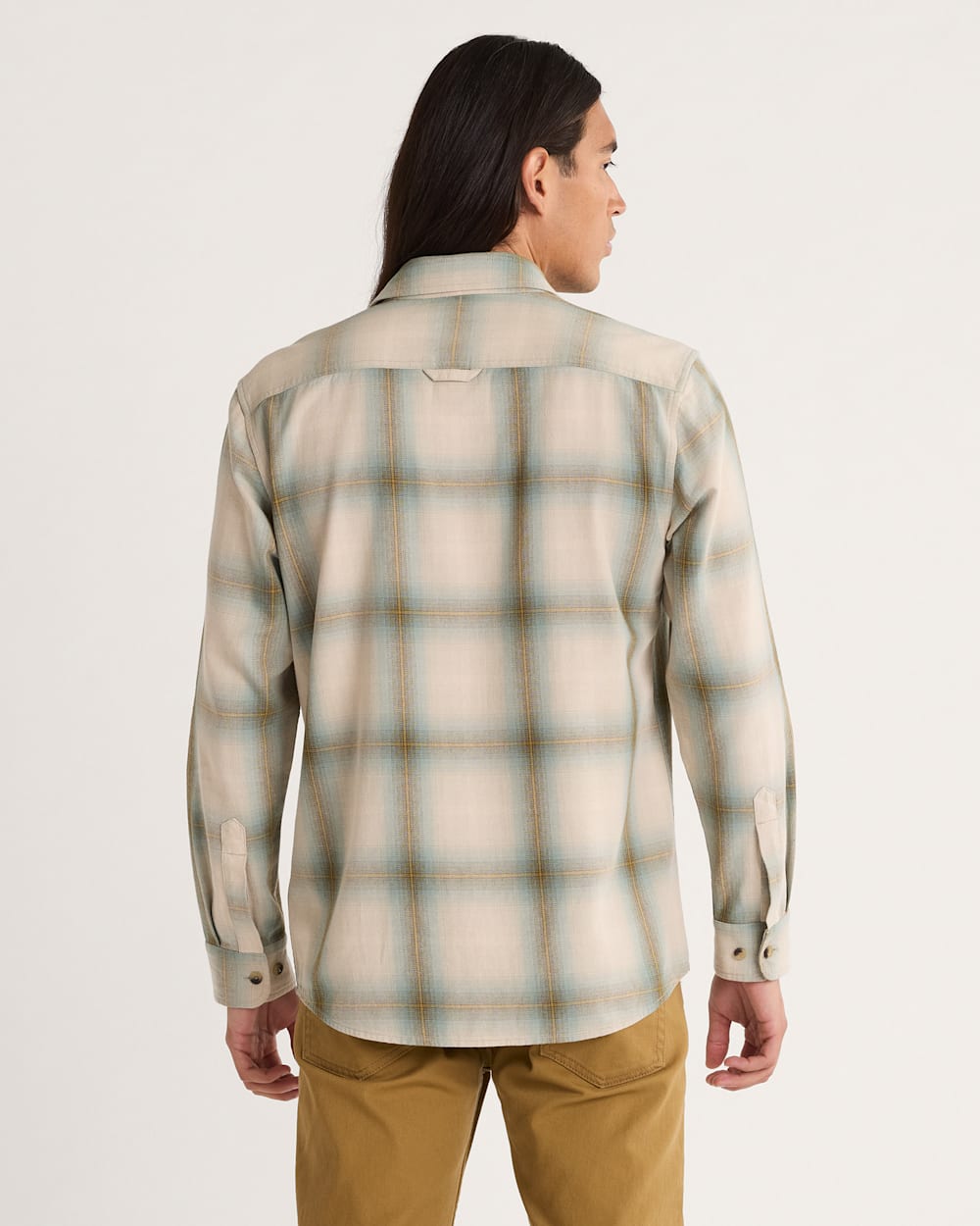 ALTERNATE VIEW OF MEN'S PLAID BEACH SHACK COTTON SHIRT IN TAN/SAGE OMBRE image number 2