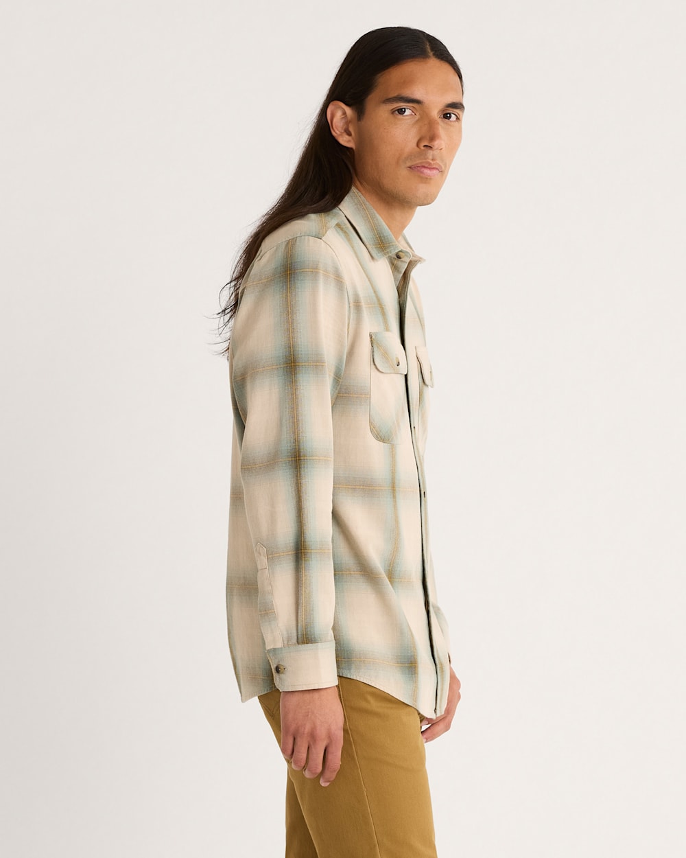 ALTERNATE VIEW OF MEN'S PLAID BEACH SHACK COTTON SHIRT IN TAN/SAGE OMBRE image number 3