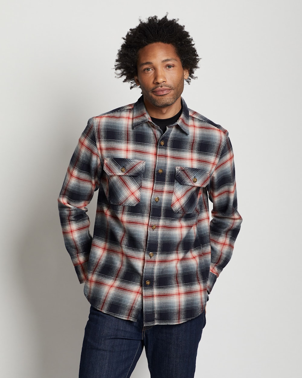 ALTERNATE VIEW OF MEN'S PLAID BURNSIDE DOUBLE-BRUSHED FLANNEL SHIRT IN NAVY/IVORY/RED PLAID image number 3