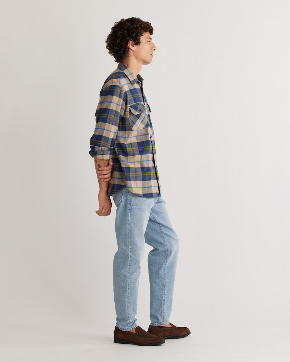 ALTERNATE VIEW OF MEN'S PLAID BURNSIDE DOUBLE-BRUSHED FLANNEL SHIRT IN TAN/NAVY/BRONZE image number 2