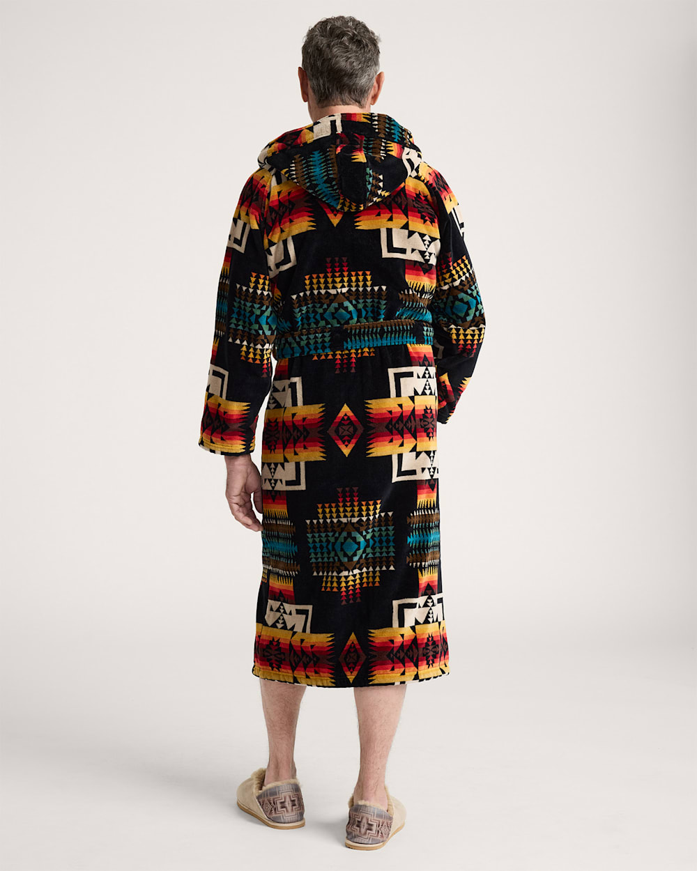 ALTERNATE VIEW OF UNISEX COTTON TERRY VELOUR BATHROBE IN BLACK CHIEF JOSEPH image number 2