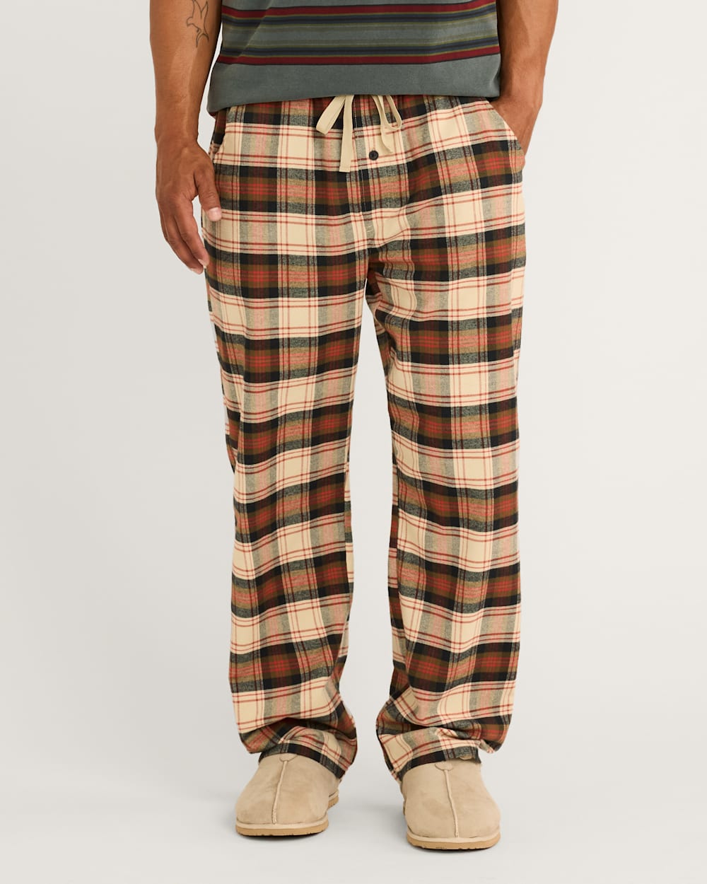 ALTERNATE VIEW OF MEN'S PLAID FLANNEL PAJAMA PANTS IN TAN/BLACK/BRICK image number 2