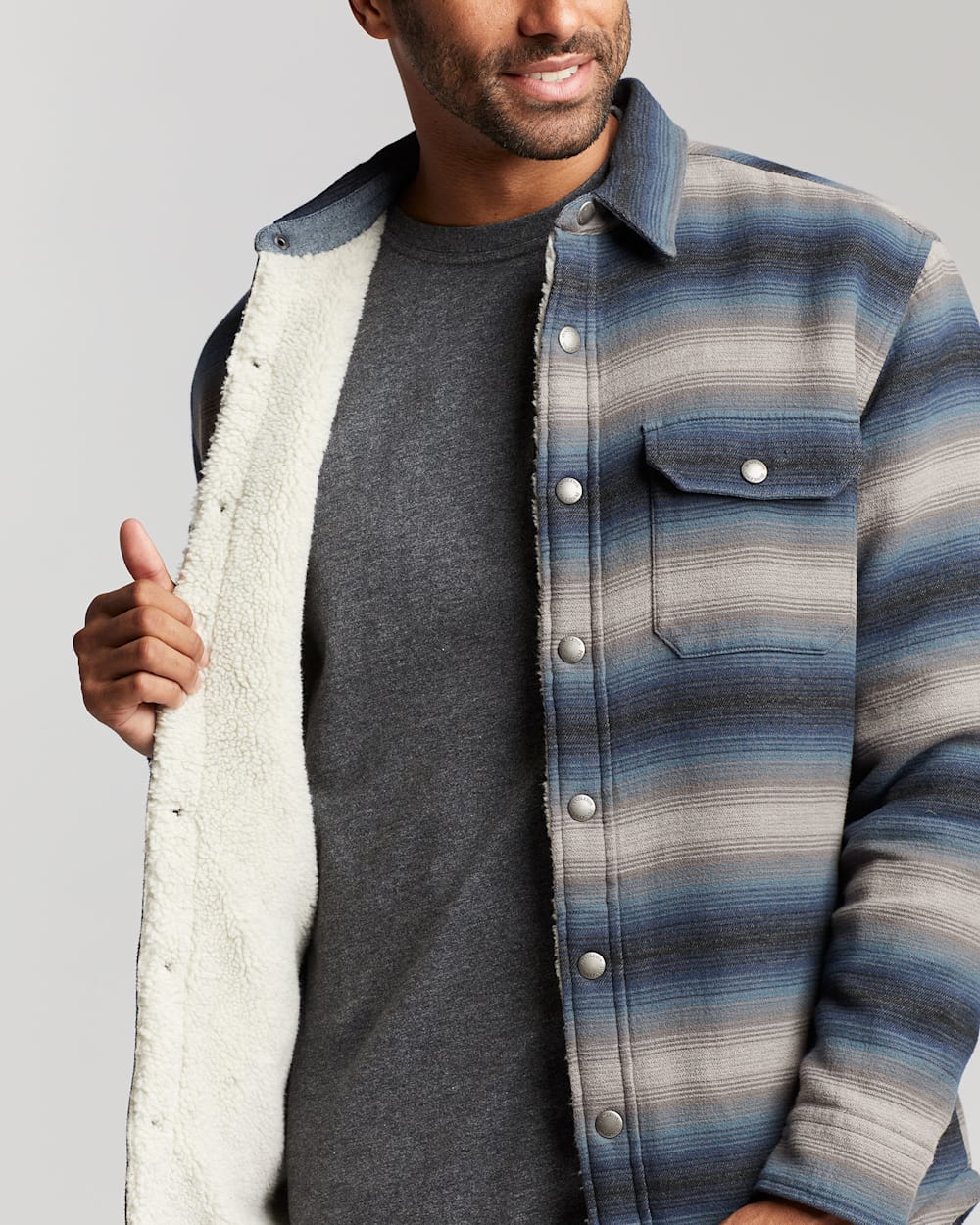 ALTERNATE VIEW OF MEN'S STRIPED SHERPA-LINED SHIRT JACKET IN BLACK/BLUE/GREY image number 2