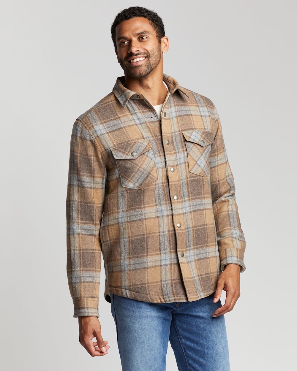 ALTERNATE VIEW OF MEN'S SHERPA-LINED WOOL SHIRT JACKET IN TAN/GREY PLAID image number 6