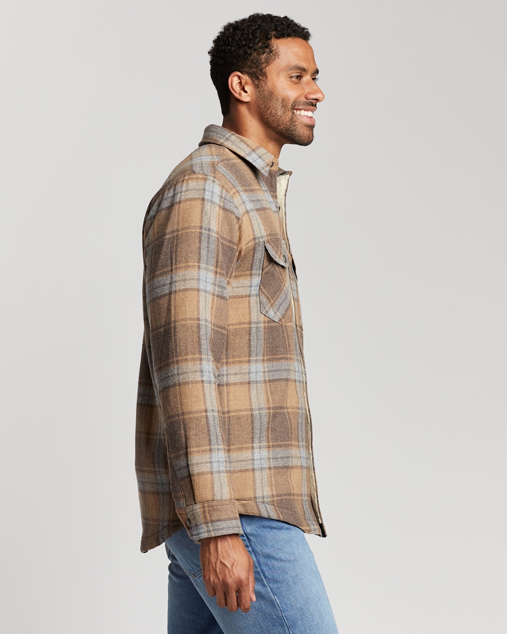 ALTERNATE VIEW OF MEN'S SHERPA-LINED WOOL SHIRT JACKET IN TAN/GREY PLAID image number 2