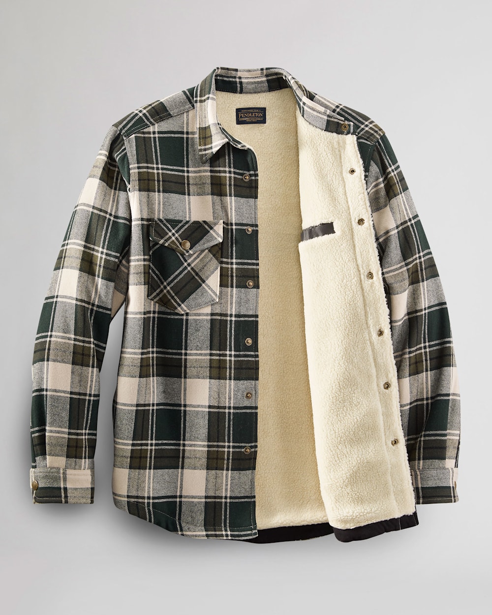 ALTERNATE VIEW OF MEN'S SHERPA-LINED WOOL SHIRT JACKET IN TAN/GREEN PLAID image number 2
