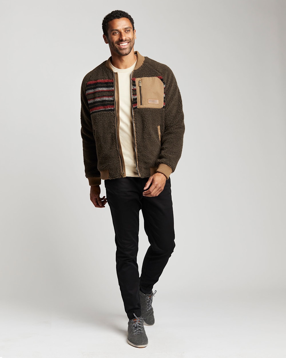 ALTERNATE VIEW OF MEN'S LODGEPINE FLEECE BOMBER JACKET IN MOCHA STRIPE image number 5