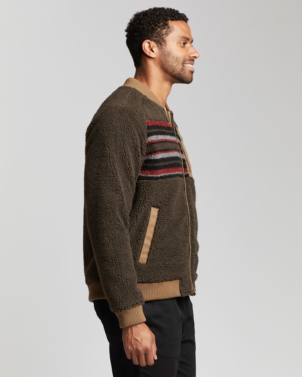 ALTERNATE VIEW OF MEN'S LODGEPINE FLEECE BOMBER JACKET IN MOCHA STRIPE image number 3