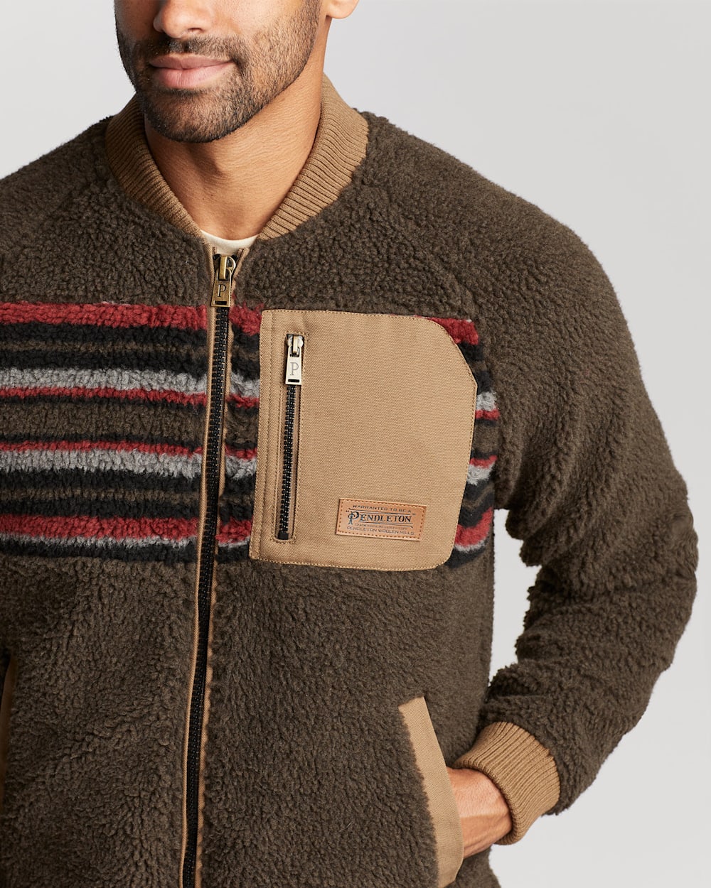 ALTERNATE VIEW OF MEN'S LODGEPINE FLEECE BOMBER JACKET IN MOCHA STRIPE image number 4