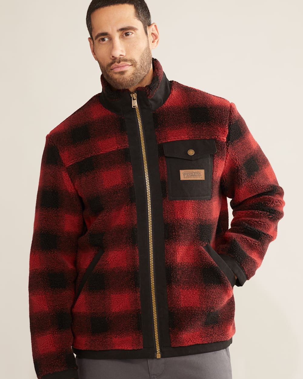 ALTERNATE VIEW OF MEN'S LONE FIR STAND-COLLAR FLEECE JACKET IN RED BUFFALO CHECK image number 5