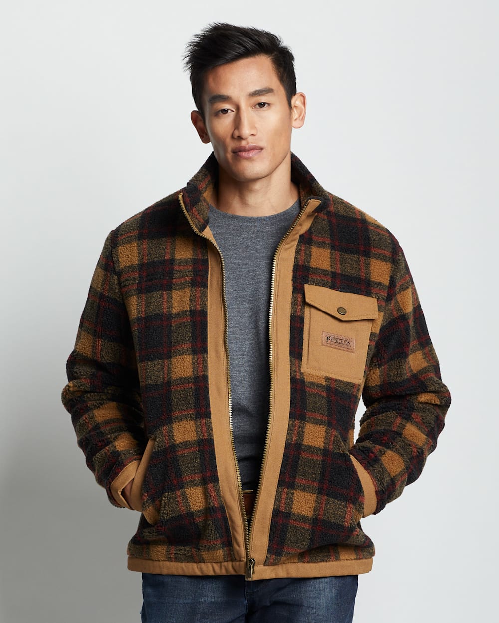 ALTERNATE VIEW OF MEN'S LONE FIR STAND-COLLAR FLEECE JACKET IN SADDLE PLAID image number 2