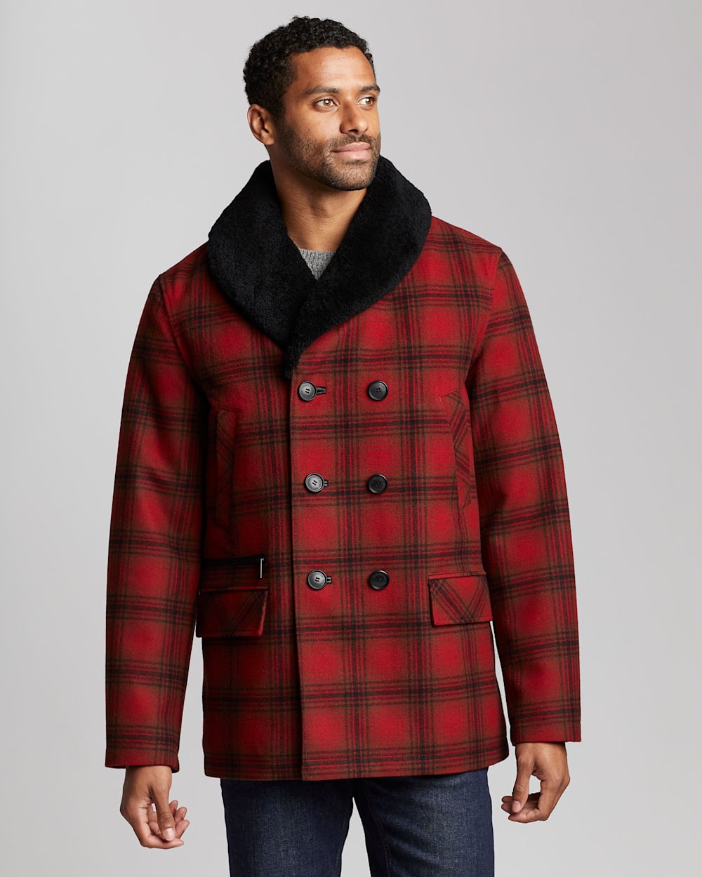 MEN'S TRIBECA SHEARLING-COLLAR COAT IN RED/CHARCOAL/DEEP OLIVE PLAID image number 1