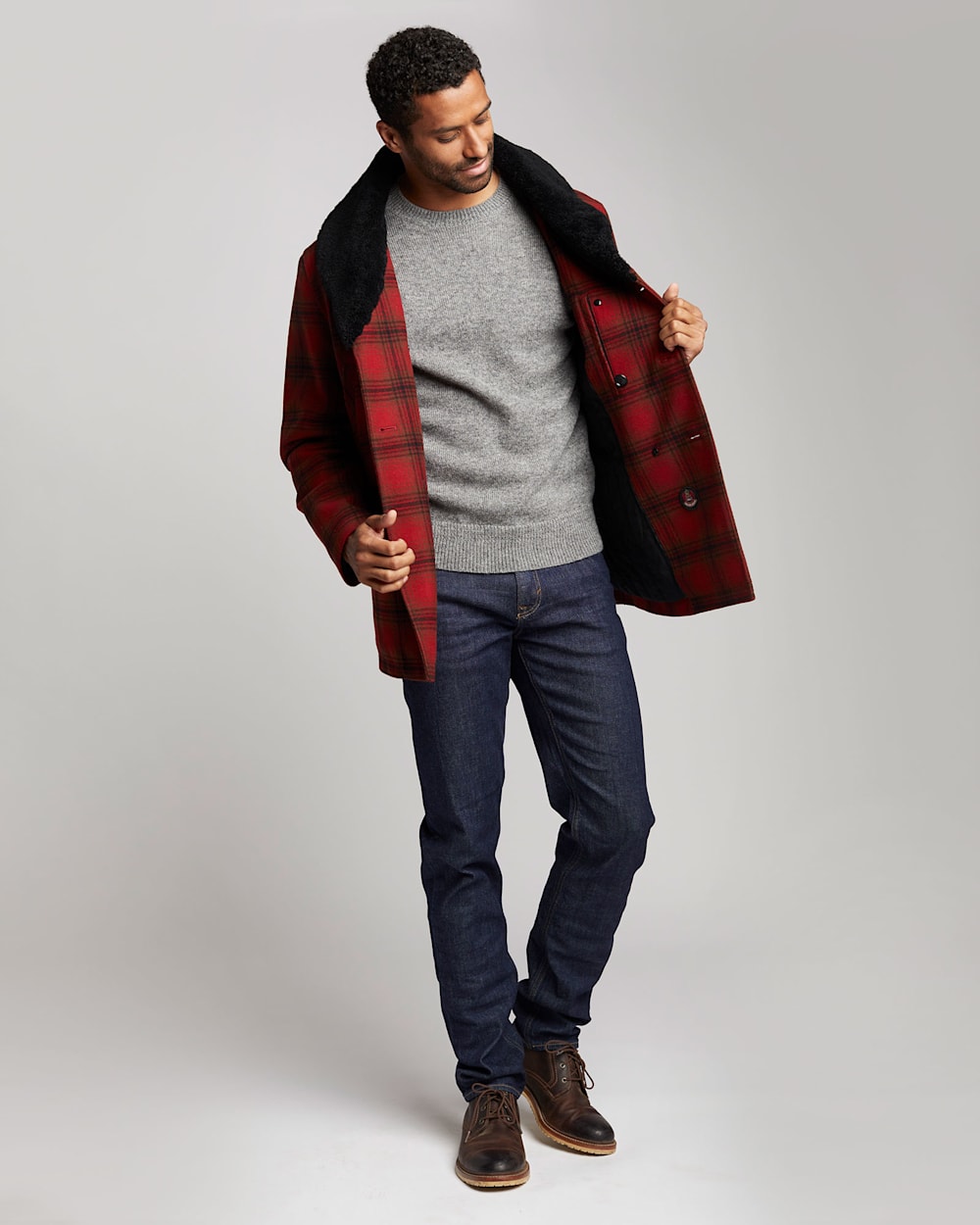 ALTERNATE VIEW OF MEN'S TRIBECA SHEARLING-COLLAR COAT IN RED/CHARCOAL/DEEP OLIVE PLAID image number 6