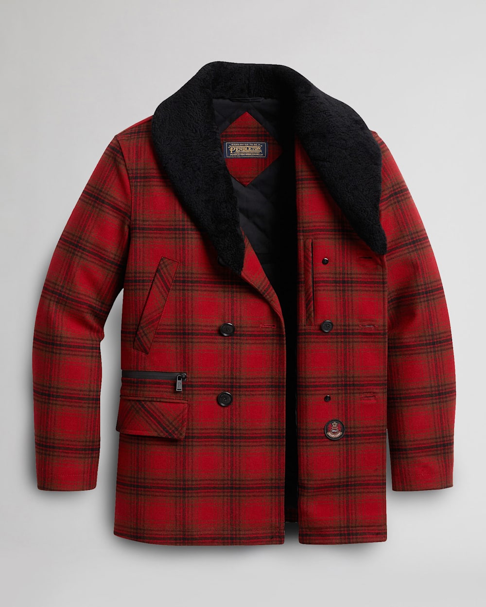 ALTERNATE VIEW OF MEN'S TRIBECA SHEARLING-COLLAR COAT IN RED/CHARCOAL/DEEP OLIVE PLAID image number 8