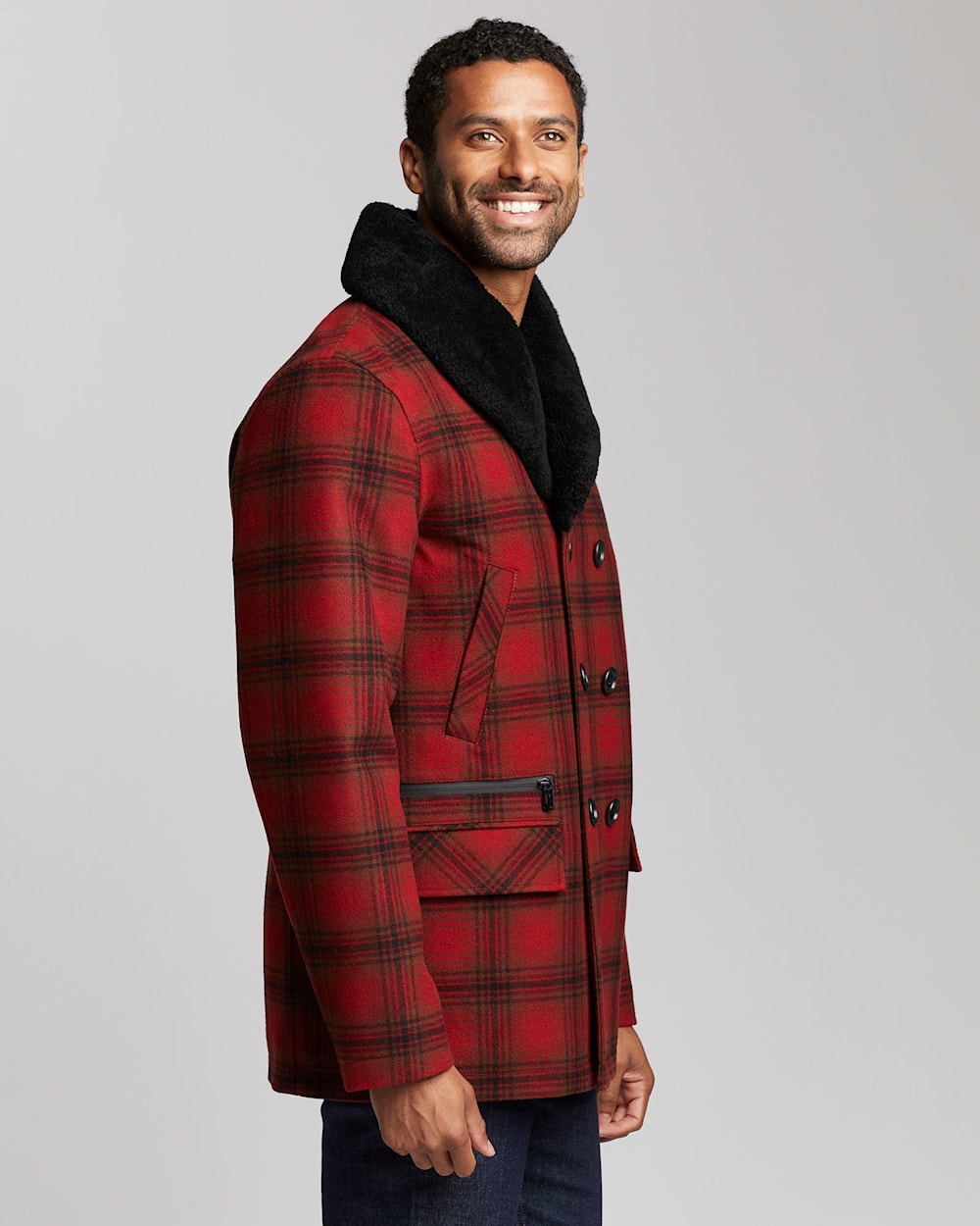 ALTERNATE VIEW OF MEN'S TRIBECA SHEARLING-COLLAR COAT IN RED/CHARCOAL/DEEP OLIVE PLAID image number 2