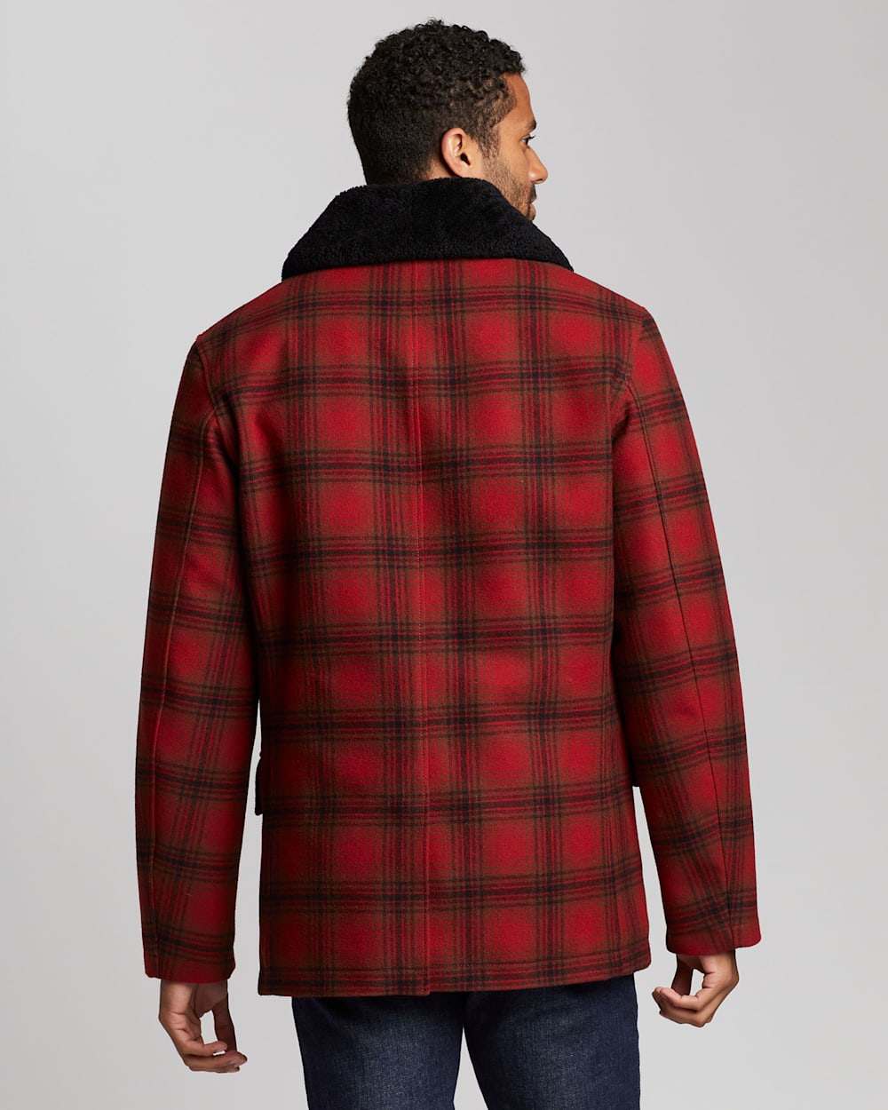 ALTERNATE VIEW OF MEN'S TRIBECA SHEARLING-COLLAR COAT IN RED/CHARCOAL/DEEP OLIVE PLAID image number 3