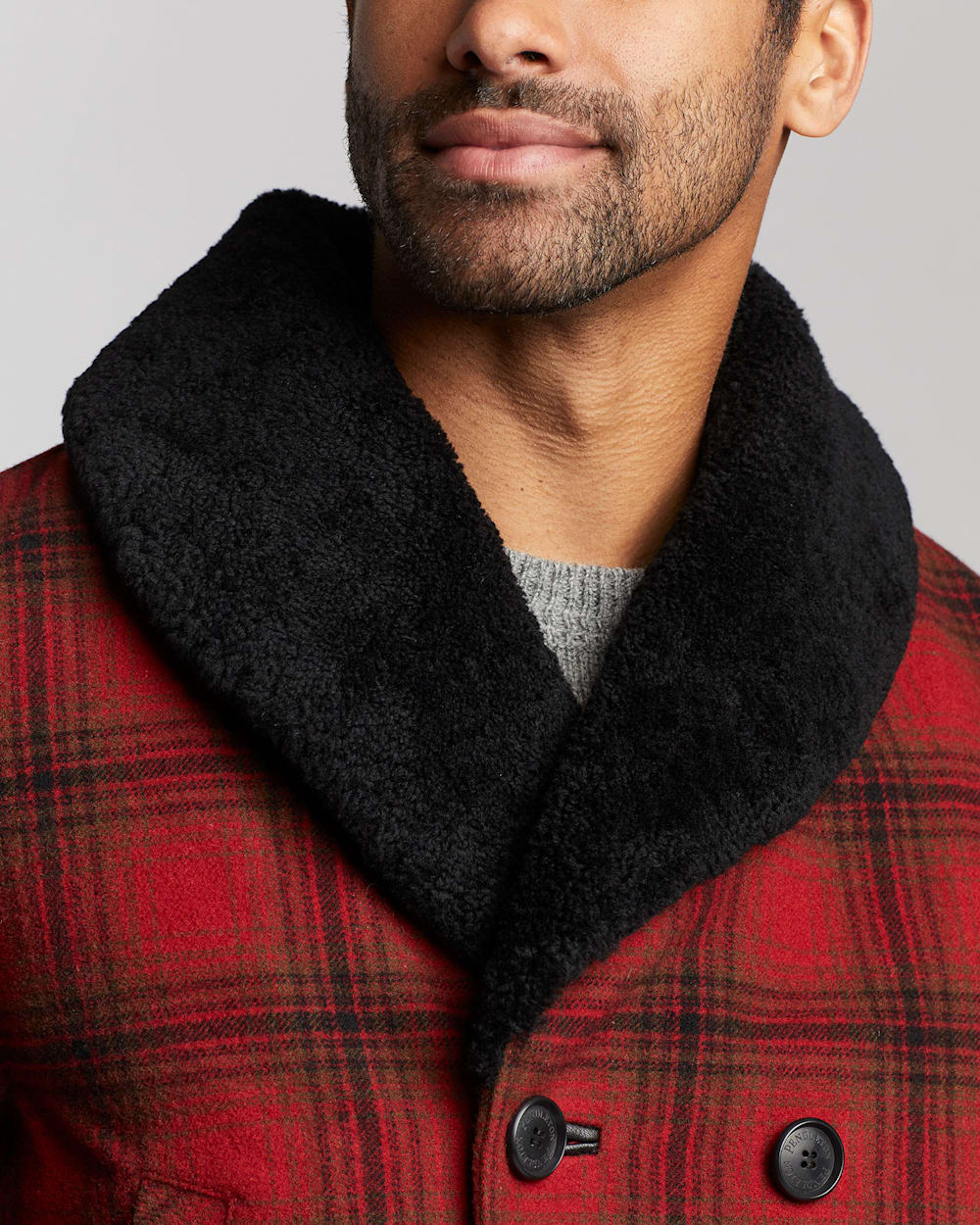 ALTERNATE VIEW OF MEN'S TRIBECA SHEARLING-COLLAR COAT IN RED/CHARCOAL/DEEP OLIVE PLAID image number 4