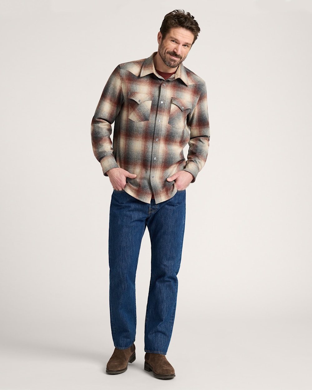 ALTERNATE VIEW OF MEN'S PLAID SNAP-FRONT WESTERN CANYON SHIRT IN RED/GREY MIX OMBRE image number 5