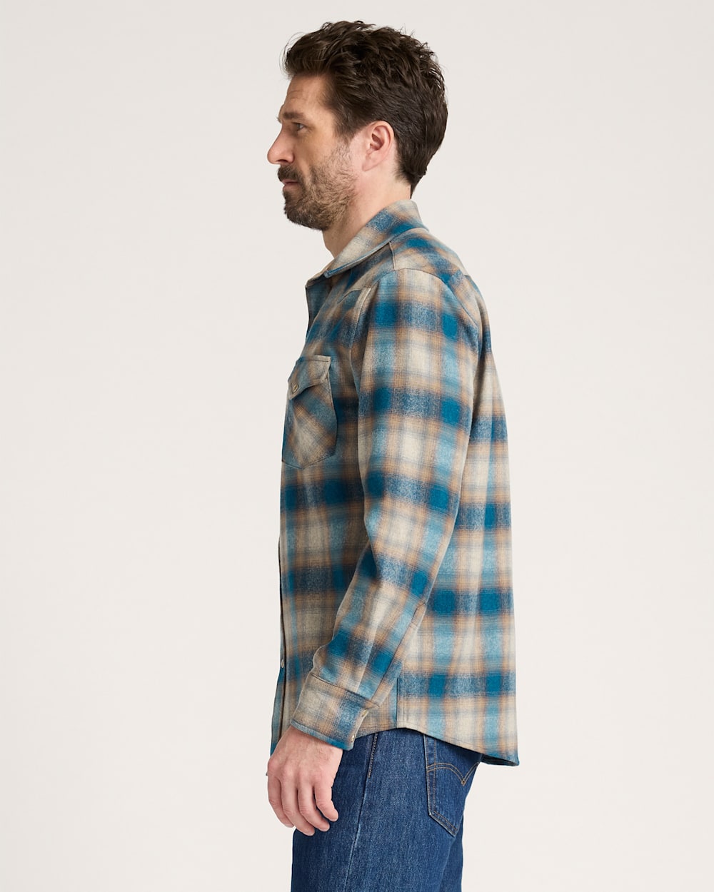 ALTERNATE VIEW OF MEN'S PLAID SNAP-FRONT WESTERN CANYON SHIRT IN TAN/GREY/TURQUOISE OMBRE image number 3