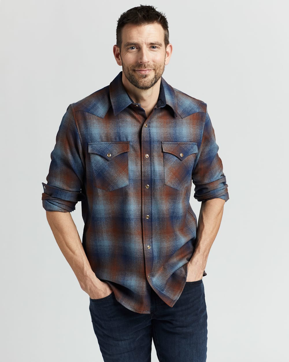 MEN'S PLAID SNAP-FRONT WESTERN CANYON SHIRT IN BLUE/BROWN OMBRE image number 1
