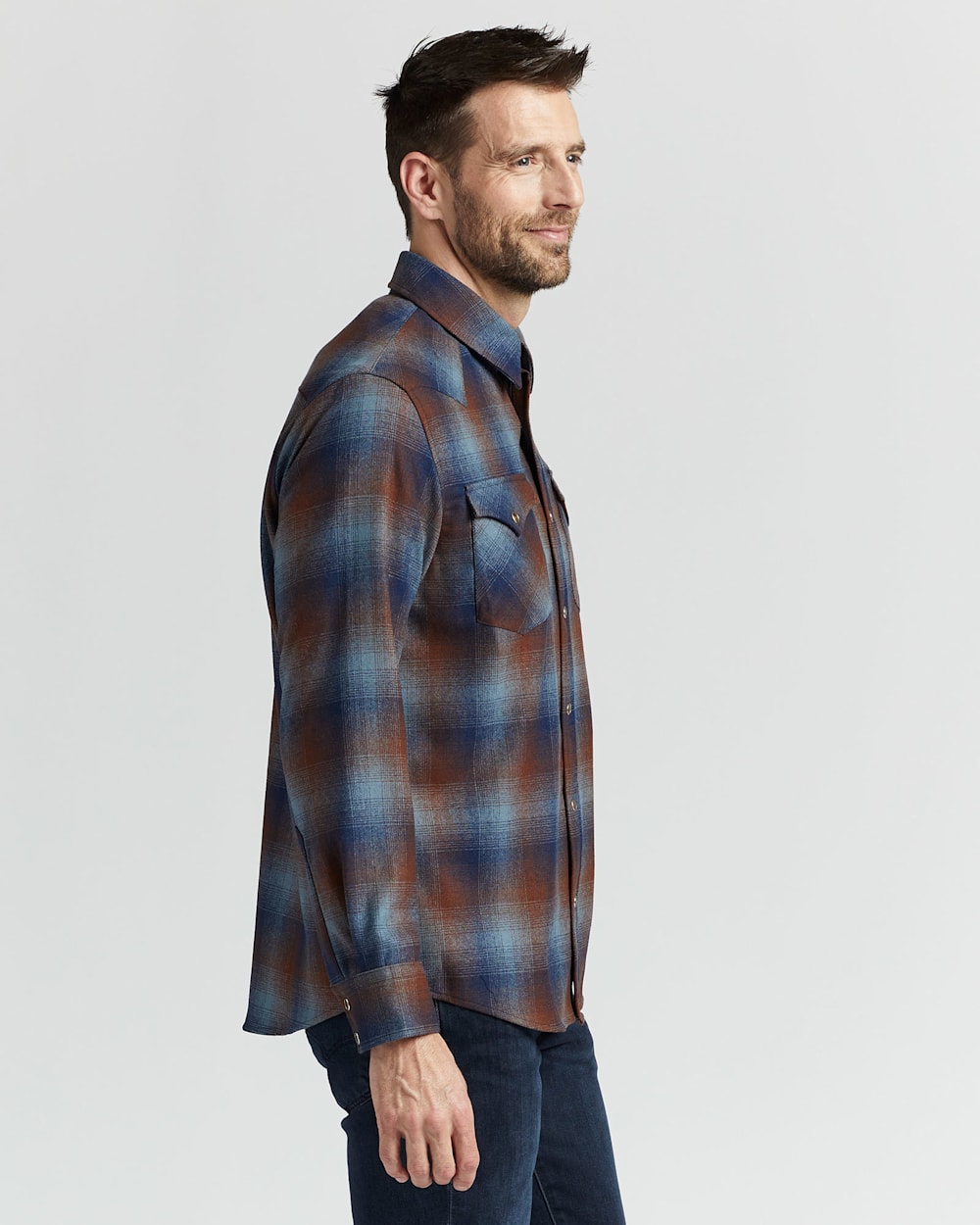 ALTERNATE VIEW OF MEN'S PLAID SNAP-FRONT WESTERN CANYON SHIRT IN BLUE/BROWN OMBRE image number 2