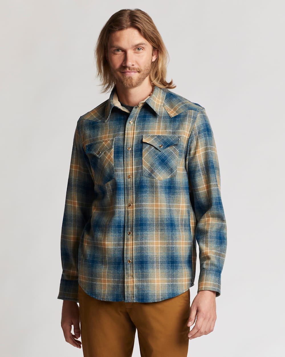 ALTERNATE VIEW OF MEN'S PLAID SNAP-FRONT WESTERN CANYON SHIRT IN TAN/BLUE MIX PLAID image number 7