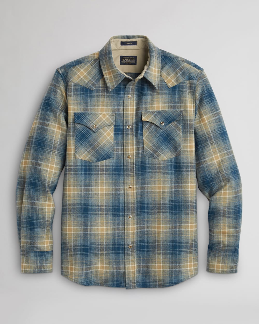 ALTERNATE VIEW OF MEN'S PLAID SNAP-FRONT WESTERN CANYON SHIRT IN TAN/BLUE MIX PLAID image number 6