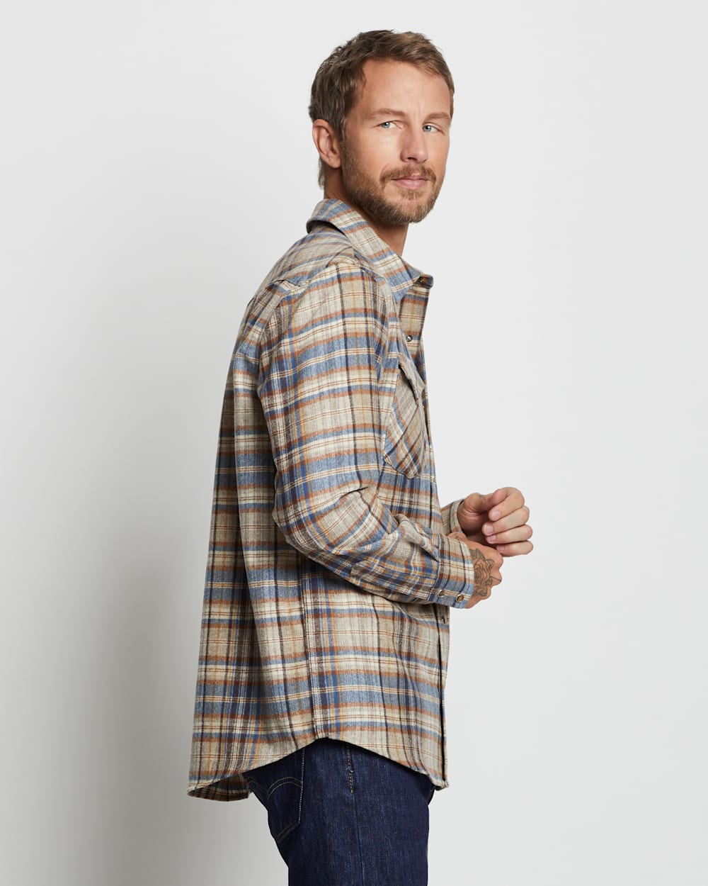ALTERNATE VIEW OF MEN'S PLAID SNAP-FRONT WESTERN CANYON SHIRT IN BROWN/BLUE GOLD MULTI image number 4