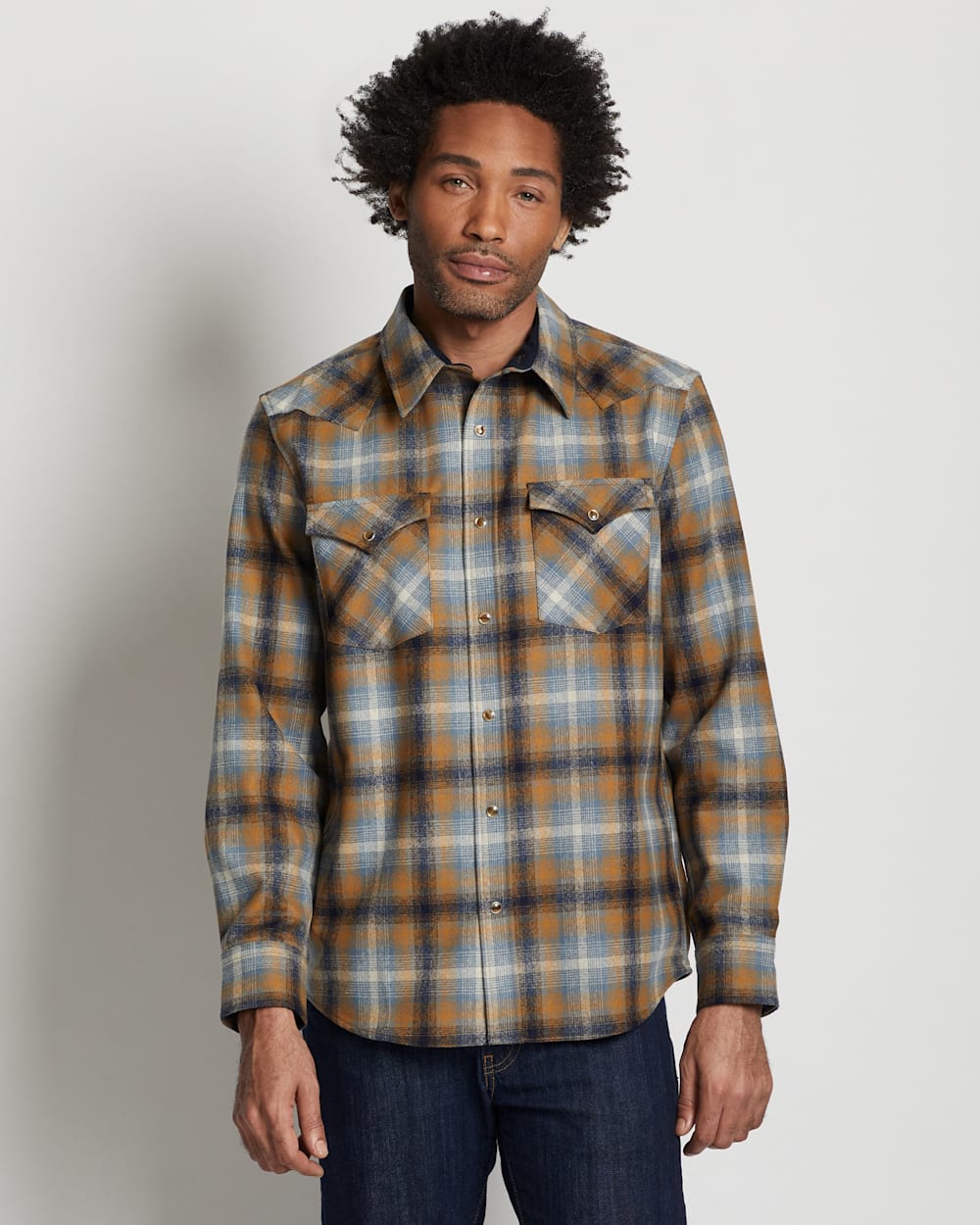 ALTERNATE VIEW OF MEN'S PLAID SNAP-FRONT WESTERN CANYON SHIRT IN BLUE/COPPER OMBRE image number 7