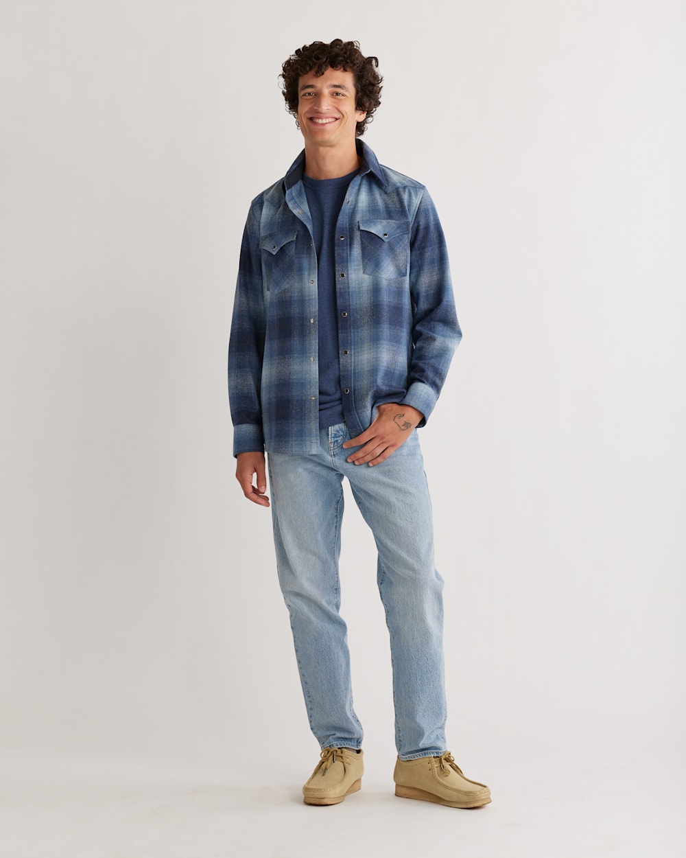 ALTERNATE VIEW OF MEN'S PLAID SNAP-FRONT WESTERN CANYON SHIRT IN NAVY MIX OMBRE image number 4