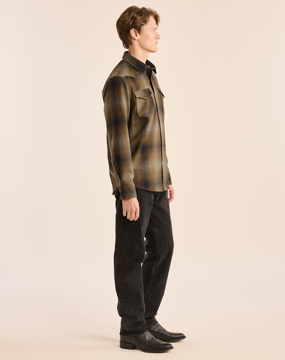 ALTERNATE VIEW OF MEN'S PLAID SNAP-FRONT WESTERN CANYON SHIRT IN OLIVE/BROWN OMBRE image number 2