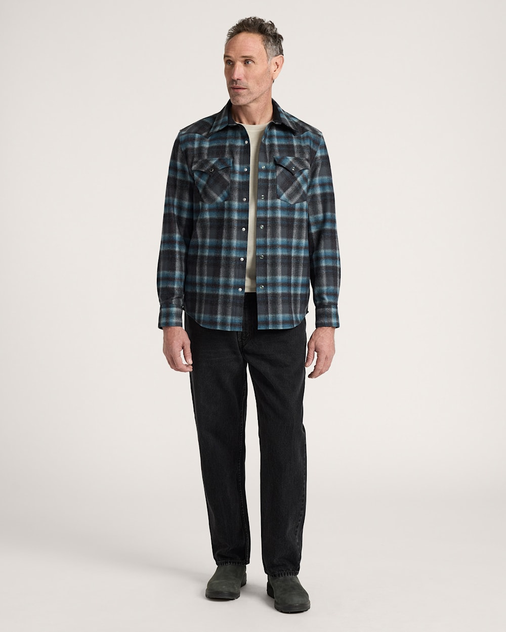 ALTERNATE VIEW OF MEN'S PLAID SNAP-FRONT WESTERN CANYON SHIRT IN GREY MIX/AQUA PLAID image number 4